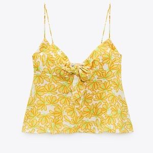 Zara Yellow and Green Retro Floral Print Knotted Bow Front Cami Top